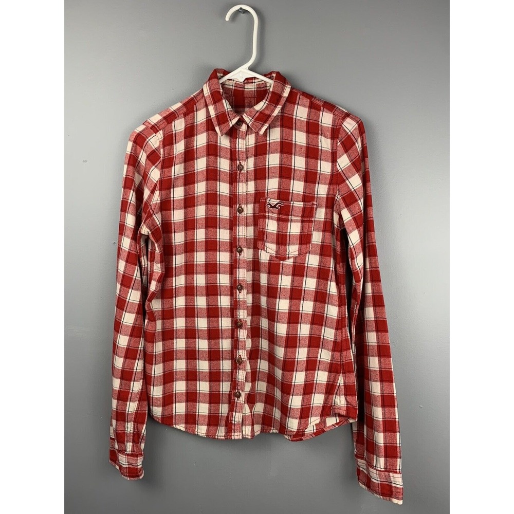 Hollister Shirt Womens Small Red White Plaid Button Down Logo Preppy teen